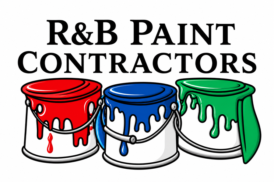 Three paint cans with red, blue, and green paint dripping down are below the text R&B Paint Contractors in bold black letters on a white background.